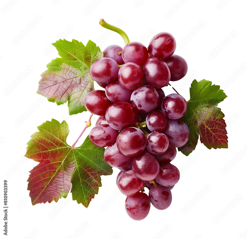 Fototapeta premium bunch of red grapes with green leaves isolated on transparent background