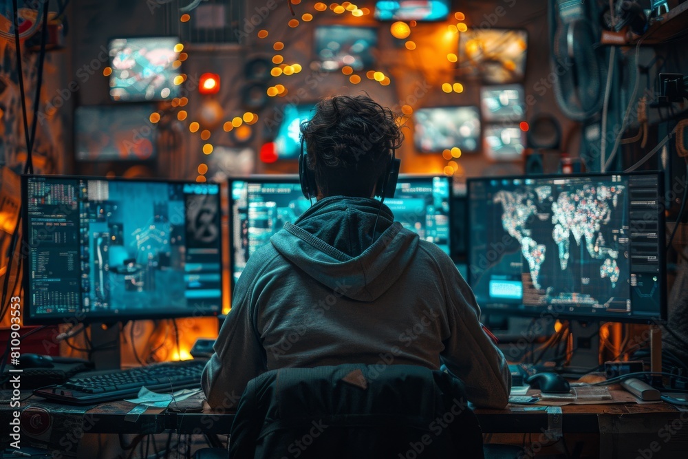 A person sitting in a chair in a room filled with monitors displaying various data and technological activities