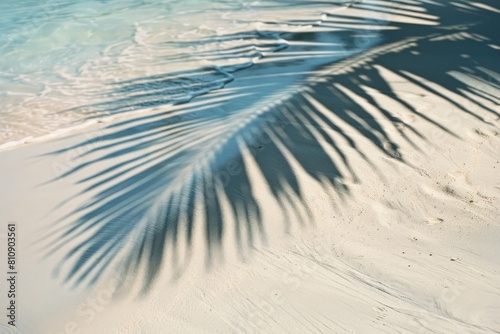 Tropical Serenity. A tranquil aerial view of crystal-clear water rippling under palm tree shadows on a beach.. Beautiful simple AI generated image in 4K  unique.