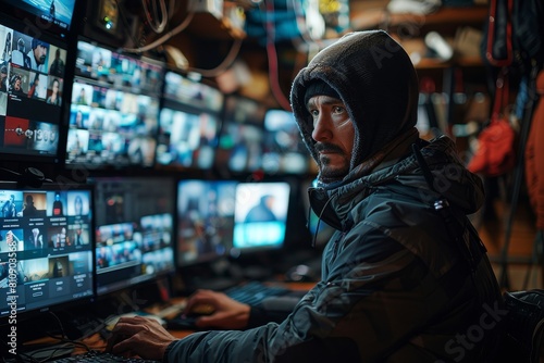 Surveillance operator in warm clothes monitors various screens in a highly technical environment