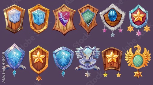 Modern cartoon illustration of colorful star insignia badges decorated with gemstones and wings on a background of wood and metal textures.