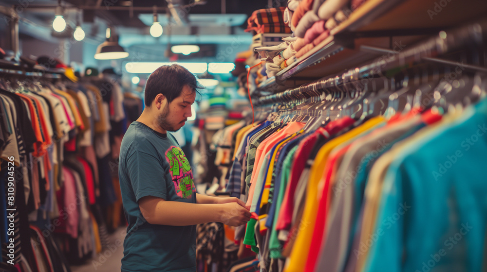 copy space, stockphoto, a person choosing second hand T-shirt in a second hand clothing store. Zero waste concept. Choosing second hand clothing to recude waste. Envirmonmental theme.