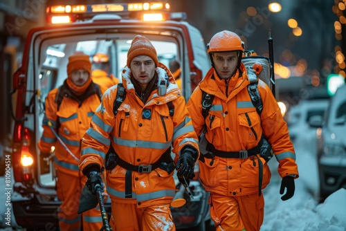 Two emergency workers walk with purpose in their high-visibility gear against an urban snowy backdrop