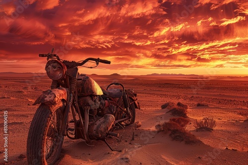 A rusted motorcycle lies halfburied in the sands of a vast desert, a relic of the bustling world that perished under a scorching red sky photo