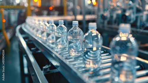 Row of clear plastic drink water bottles on automated conveyor for package in factory. Generated AI
