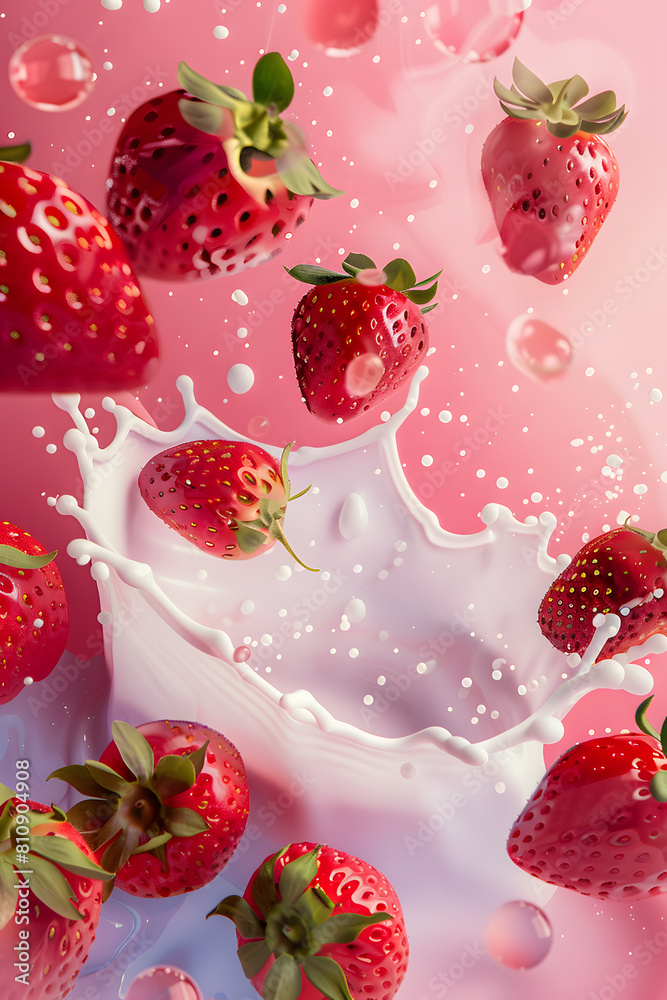 Fresh strawberries flying in the air with swirls of milk and strawberries background Fresh strawberries flying in the air with swirls of milk and strawberries background