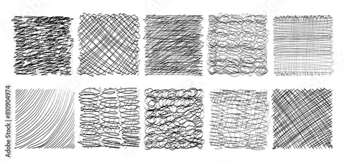 Set of hand drawn pencil crosshatch shapes. Crosshatch Freehand doodle shapes collection. Vector illustration isolated on white background.