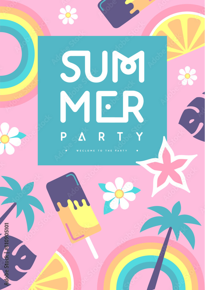 Retro flat summer disco party poster with ice cream, rainbow and tropic fruits. Vector illustration