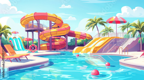 Colorful summer waterpark with water pools and slides surrounded by palm trees and lounge chairs