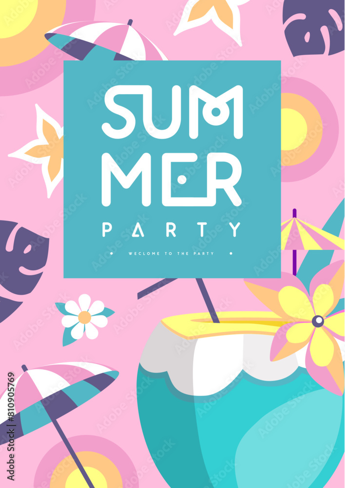 Retro flat summer disco party poster with cocktail and tropic leaves. Vector illustration Retro flat summer disco party poster with cocktail and tropic leaves. Vector illustration