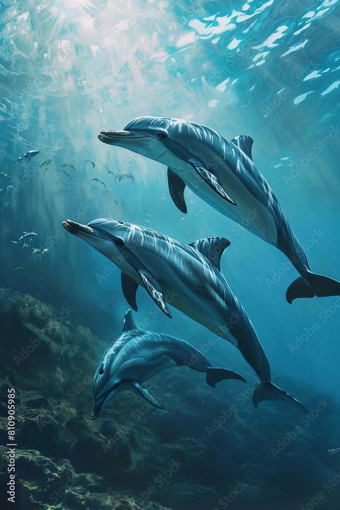 Naklejka premium dolphins swim in the sea. Selective focus.