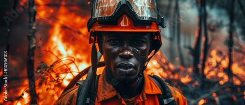 The young black professional firefighter keeps calm in a dangerous forest fire situation. The experienced black firefighter uses his high pressure fire hose with skill and accuracy.