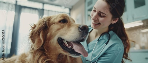 Petting a Golden Retriever dog in a modern pet center by a caring veterinarian. Young veterinary clinic specialist petting a polite Golden Retriever dog.