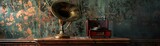 An antique gramophone on a Victorian table, rendered in a realistic style with a subtle area at the bottom for a caption