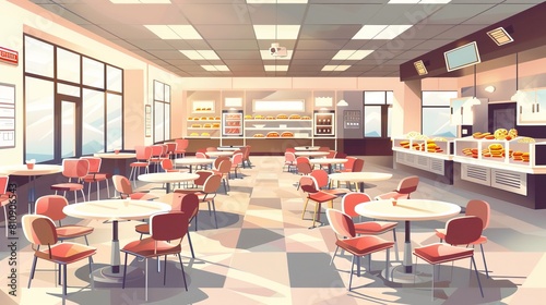 Modern illustration of an empty university or college cafeteria hall with tables, chairs, snacks, desserts in a showcase. Sandwich bar in a mall.