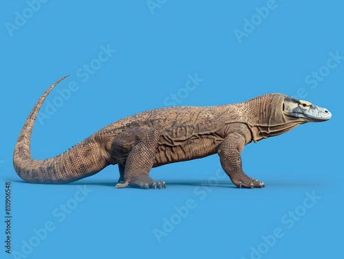 Komodo Dragon Komodo dragon walking  side view to display its long tail and rough scales  a powerful predator  isolated on blue screen background.