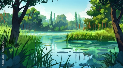 A green swamp with cattails near a lake is shown in the foreground. An ancient pond with bulrush is shown in the park background. A dirty river in a cartoon is shown in the foreground. In the photo