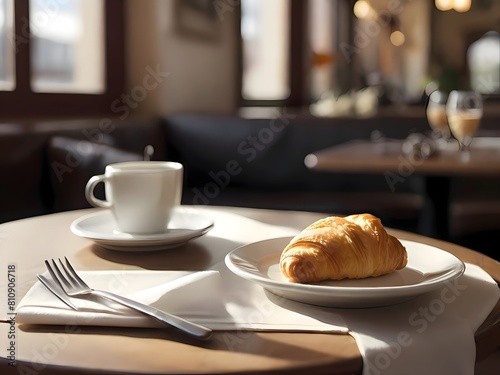 breakfast with croissant and coffee on table 