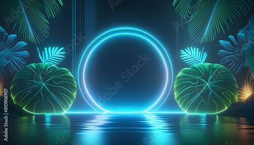 Glowing water, Glowing neon light with tropical monstera leaf and Leaves and branches of palm trees