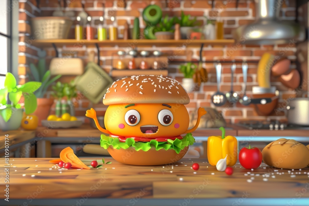 Cartoon character of food where a cheerful cheeseburger hosts a cooking show set in a bustling kitchen studio, suited for childrens educational content