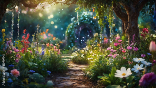Enchanted Realm  Fairytale garden with flowers and greenery in a digital painting.