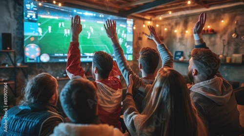 A crowd gathers around a large display device to share the excitement of a football game, building an entertaining event filled with fun and leisure. AIG41