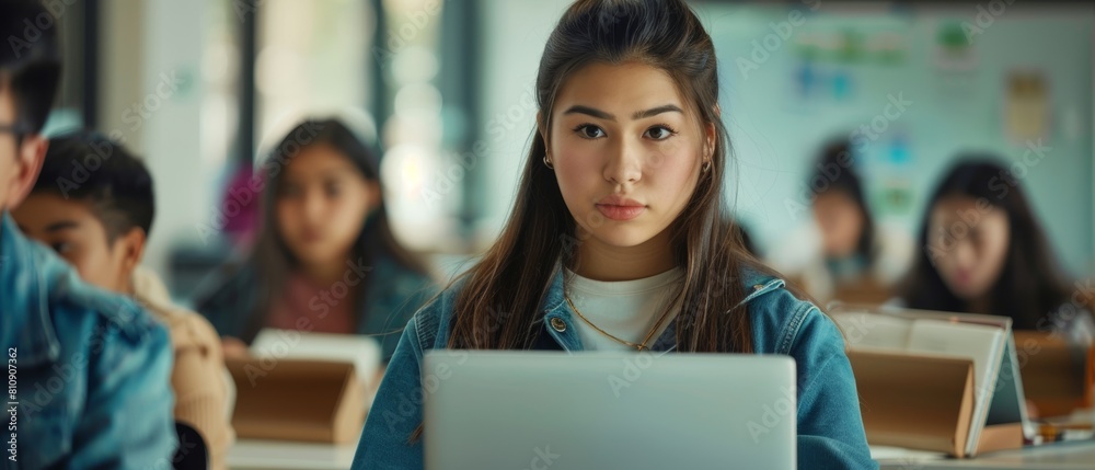 Smart female student using a laptop computer in class while studying with diverse multi-ethnic classmates. Her knowledge is applied to the classroom enhancing her academic skills. Smart female student using a laptop computer in class while studying with diverse multi-ethnic classmates. Her knowledge is applied to the classroom enhancing her academic skills.