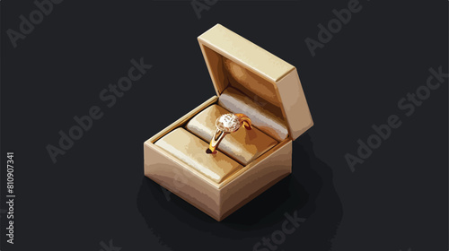 Golden engagement ring in open box on black background