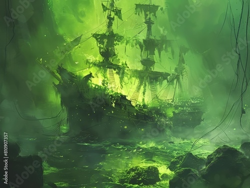 Creating an image where neon green seaweed dances around an ancient sunken pirate ship, reminiscent of a watercolor painting © JK_kyoto
