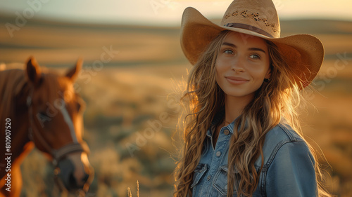 Beautiful smiling cowgirl with horse © gpointstudio