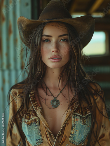 Brunette woman wearing cowboy's hat