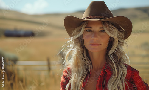 Portrait of blonde cowgirl on the farm