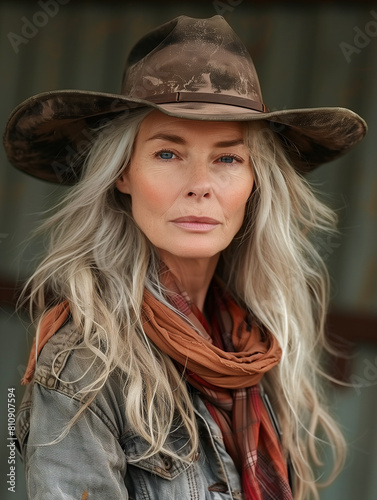 Portrait of blonde cowgirl on the farm