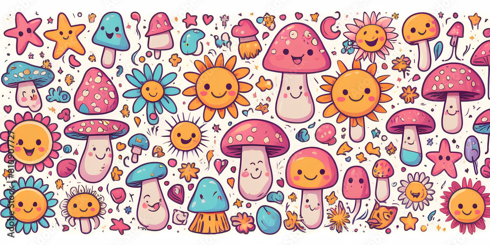 Cartoon mushroom and flower pattern with white background
