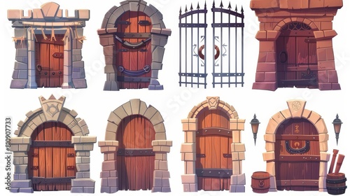 Open and closed ancient wood gates with metal lattice isolated on white background. Medieval castle gates. Old wooden doors with stone brick arch and iron portcullis. photo