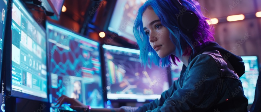 Streamer or gamer chats with Internet fans in a futuristic cyber technology room. Footage to use in Social Media, Streaming, or Gaming Content. Streamer or gamer chats with Internet fans in a futuristic cyber technology room. Footage to use in Social Media, Streaming, or Gaming Content.