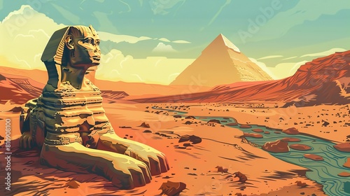 Almost dry river on bank of ancient pyramids and antique sphinx statue. Modern cartoon illustration of sandy valley landscape with dunes  pharaoh tombs.