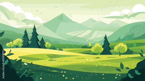 Green summer landscape with fields and mountains. Lov