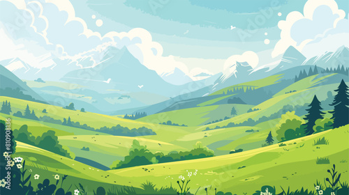 Green summer landscape with fields and mountains. Lov