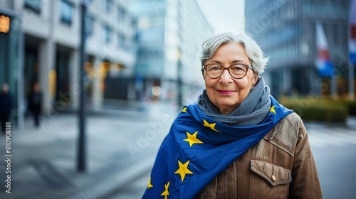 Senior woman wearing the European flag photo