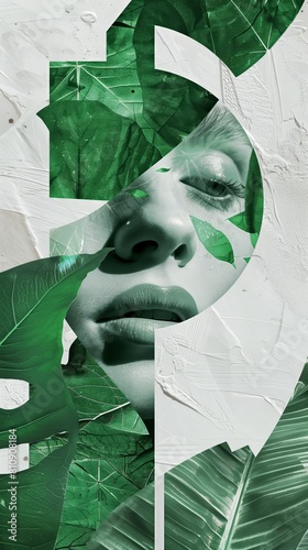 This collage art features green leaves in varying shades, symbolizing sustainability and the beauty of mother nature on planet earth An imaginative blend of green tones and textures