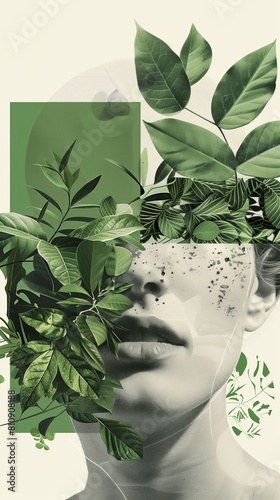 This evocative collage marries a human portrait with a crown of greenery, illustrating the deep connection between mother nature and our own existence, pledging for planet earth's sustainability