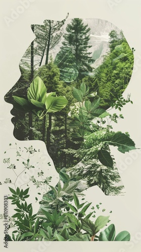This thought-provoking collage shows a human silhouette harmonized with plant elements, invoking a sustainable living with green solutions for the sake of mother nature and planet earth
