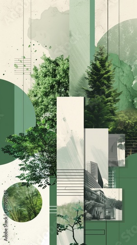 This urban-themed green collage merges the raw energy of cityscapes with lush greenery, symbolizing a sustainable planet earth and respect for mother nature