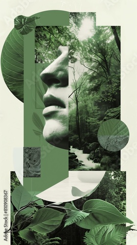 This striking collage blends the human profile with lush green forest elements, symbolizing a harmony between mother nature and humanity, pushing for sustainability and love for planet earth