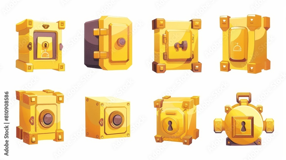 Set of cartoon yellow safe boxes isolated on white background. Square, round, and big vaults with closed doors, digital codes, and metal handles. Money locker. Set of cartoon yellow safe boxes isolated on white background. Square, round, and big vaults with closed doors, digital codes, and metal handles. Money locker.