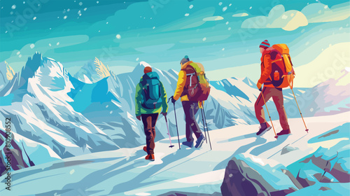 Group of cartoon backpacker winter hiking at mountain