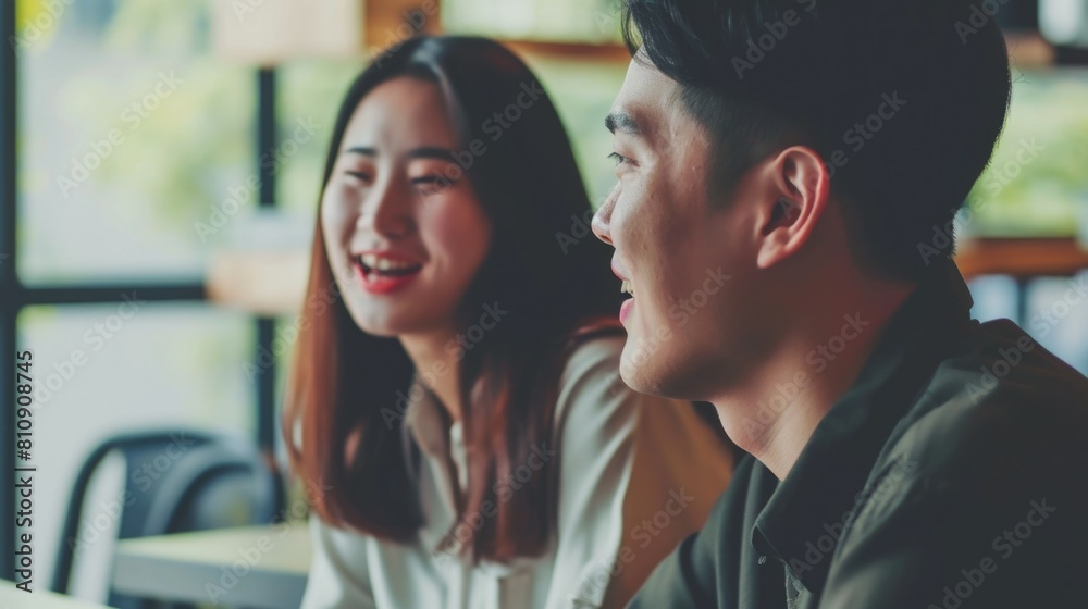 Fototapeta premium A Smiling Asian Couple Sharing a Laugh in a Coffee Shop Fictional Character Created By Generative AI. 
