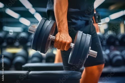 Weightlifting Athlete in Gym Man Lifting Dumbbell 