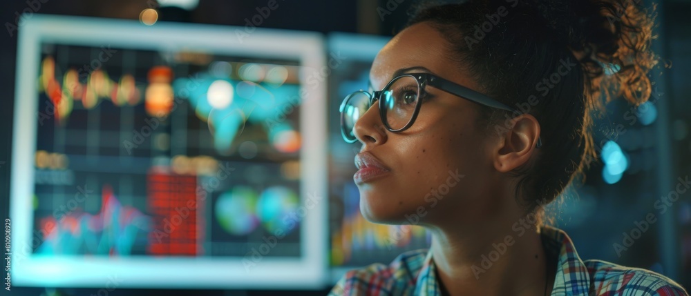 In monitoring office, a female project manager uses a laptop to analyze information graphs on a large digital screen. Another female employee is behind a desktop computer. In monitoring office, a female project manager uses a laptop to analyze information graphs on a large digital screen. Another female employee is behind a desktop computer.